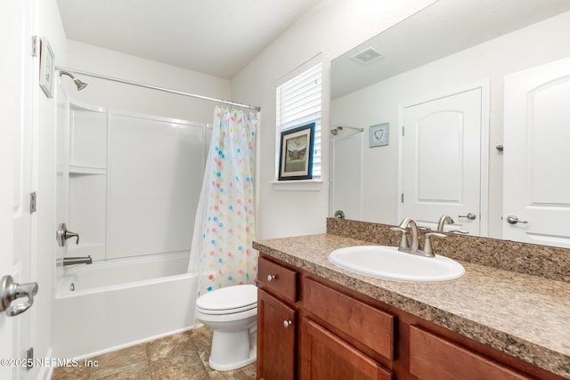 bathroom featuring visible vents, shower / bathtub combination with curtain, toilet, and vanity