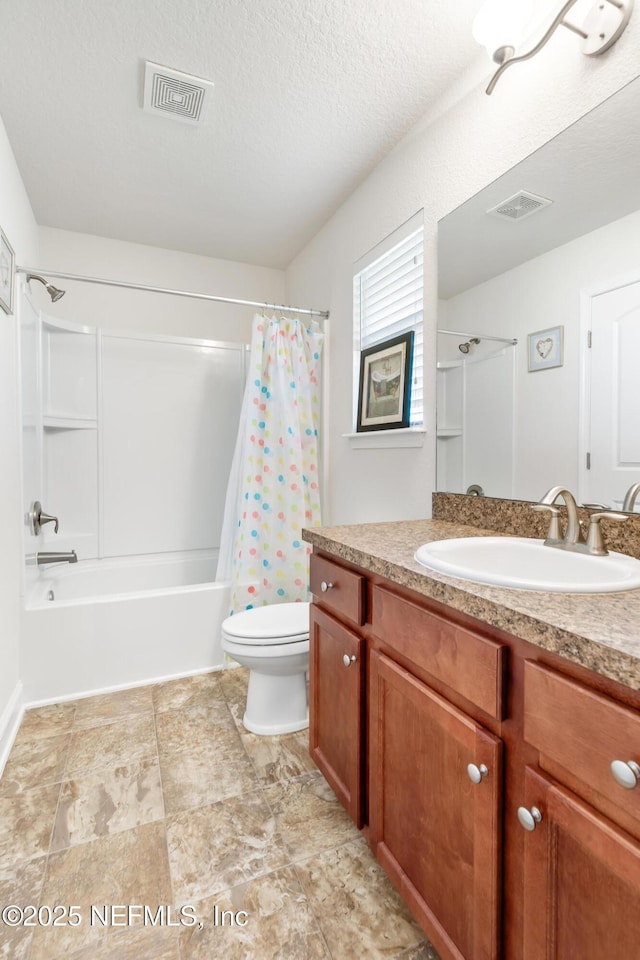 bathroom with visible vents, shower / bath combination with curtain, toilet, and vanity