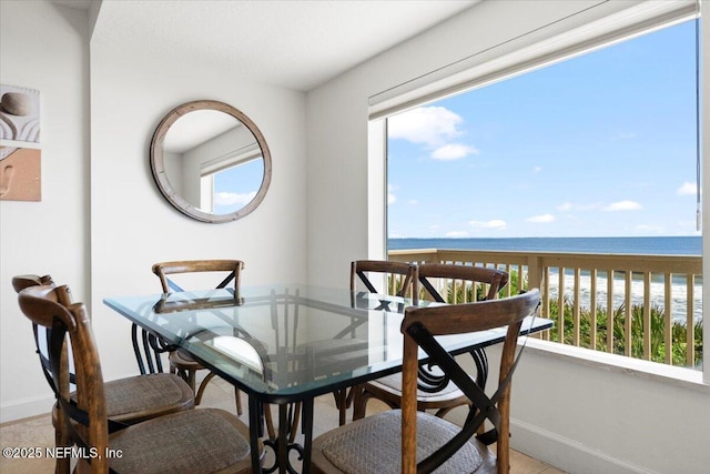 interior space with a water view