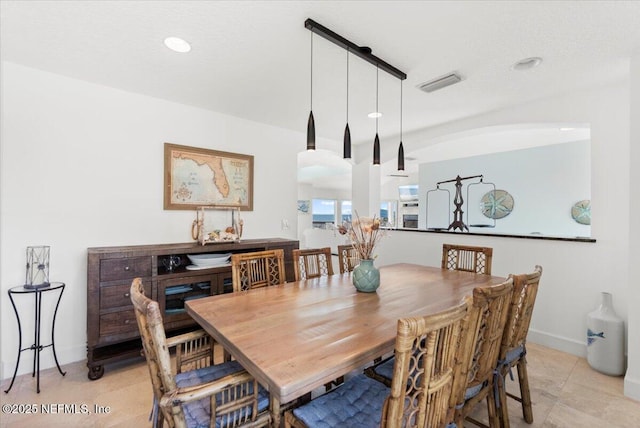dining area featuring visible vents, recessed lighting, baseboards, and light tile patterned floors
