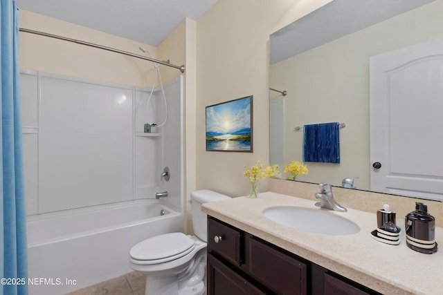 bathroom featuring toilet,  shower combination, tile patterned flooring, and vanity