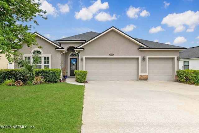 ranch-style house featuring concrete driveway, stucco siding, a front lawn, and a garage