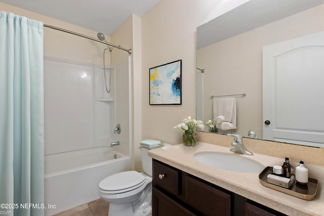 full bathroom featuring shower / bathtub combination, toilet, tile patterned floors, and vanity