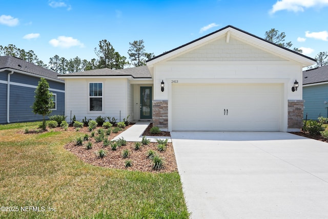 2413 Glade Ln, Green Cove Springs, FL 32043 - single story home featuring stone siding, driveway, an attached garage, and a front lawn