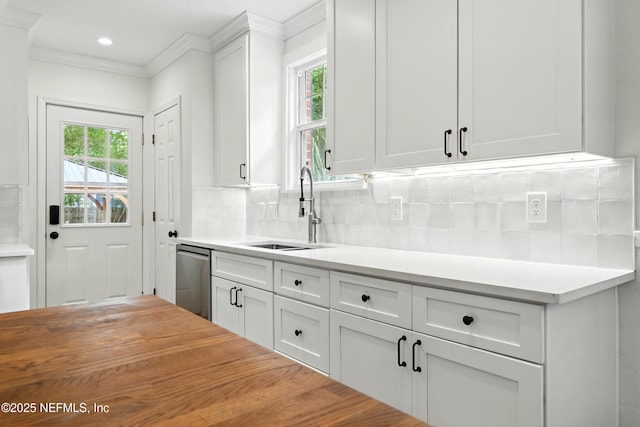 kitchen with a sink, a wealth of natural light, white cabinetry, and dishwasher