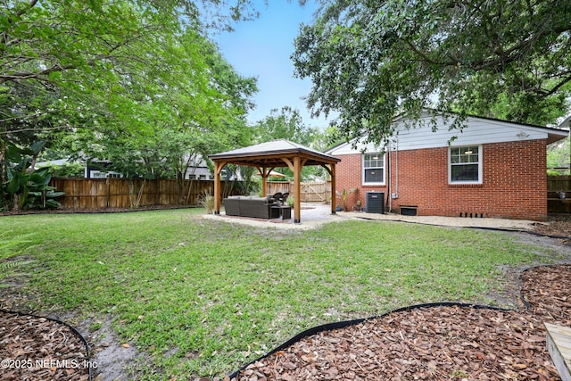 view of yard featuring a patio area, a gazebo, cooling unit, a fenced backyard, and outdoor lounge area