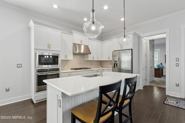 1553 Coastal Oaks Cir, Fernandina Beach, FL 32034 - kitchen with appliances with stainless steel finishes, a sink, light countertops, dark wood finished floors, and under cabinet range hood