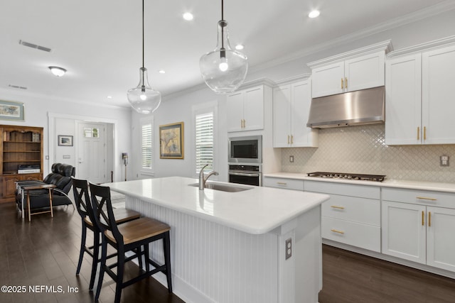 1553 Coastal Oaks Cir, Fernandina Beach, FL 32034 - kitchen with ornamental molding, dark wood-style flooring, under cabinet range hood, a sink, and backsplash