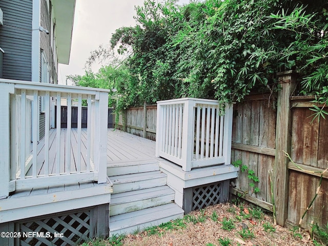 wooden terrace featuring a fenced backyard