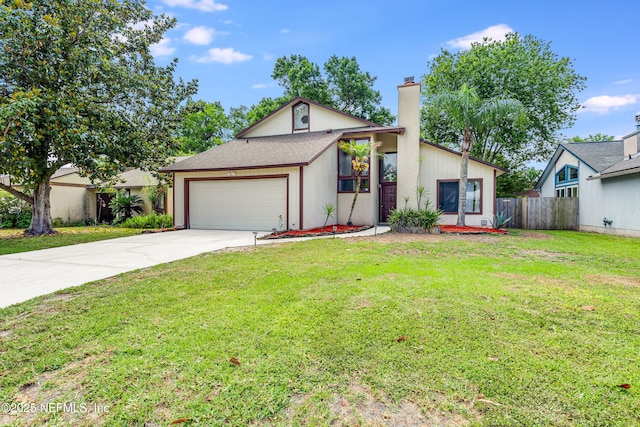 4030 Tyndel Creek Pl, Jacksonville, FL 32223 - mid-century inspired home featuring a chimney, an attached garage, and concrete driveway