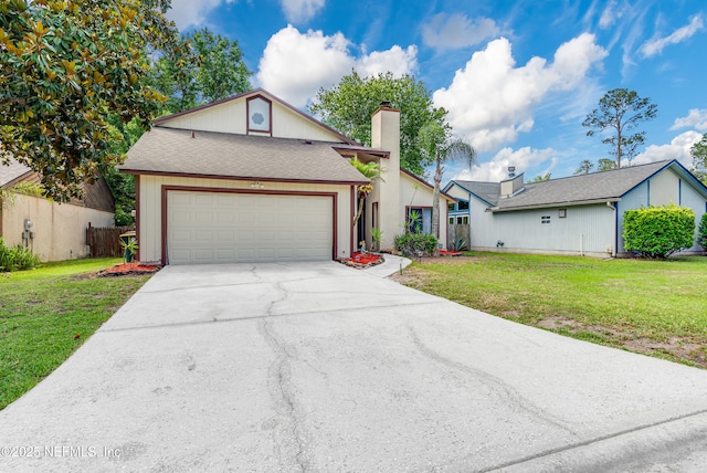 4030 Tyndel Creek Pl, Jacksonville, FL 32223 - view of front of home featuring a front yard, driveway, a chimney, a garage, and a shingled roof