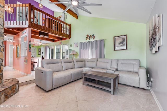 4030 Tyndel Creek Pl, Jacksonville, FL 32223 - living area featuring ceiling fan, beam ceiling, tile patterned flooring, high vaulted ceiling, and baseboards