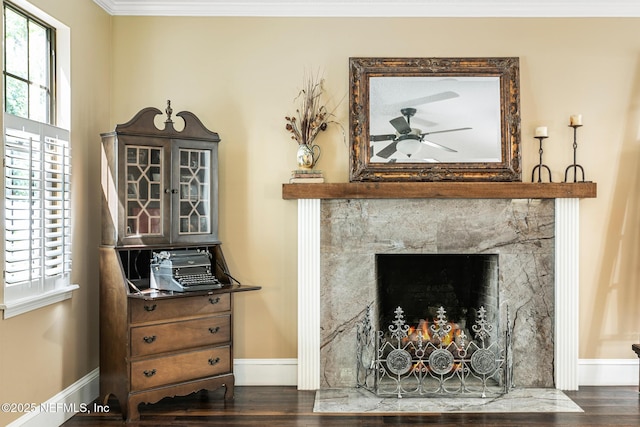 interior details with a ceiling fan, baseboards, and wood finished floors