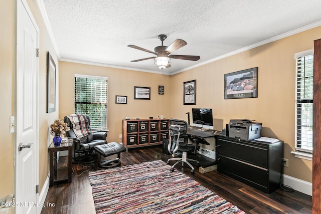 office space featuring crown molding, a wealth of natural light, and dark wood-type flooring