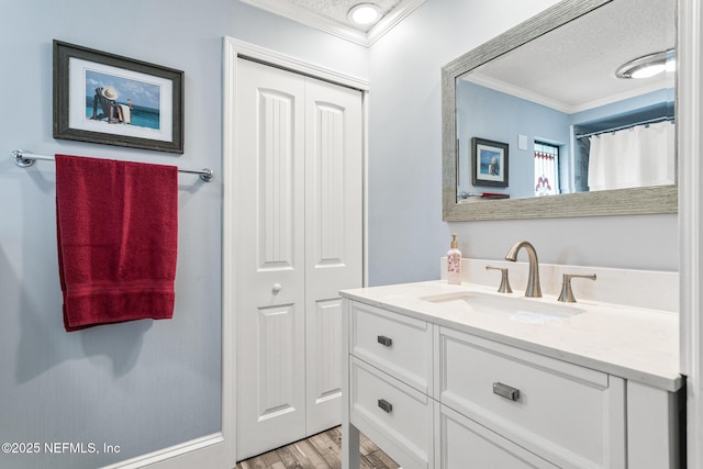 bathroom with crown molding, vanity, a textured ceiling, wood finished floors, and a closet