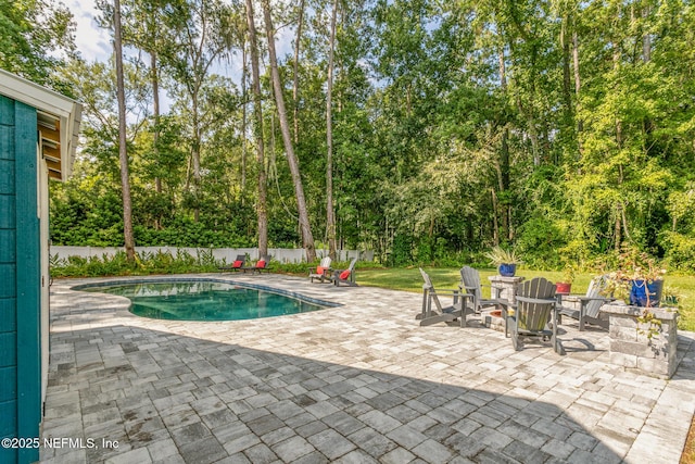 view of swimming pool with a fenced in pool, a fenced backyard, and a patio area