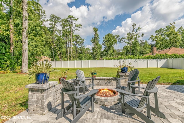 view of patio / terrace featuring a fenced backyard and a fire pit