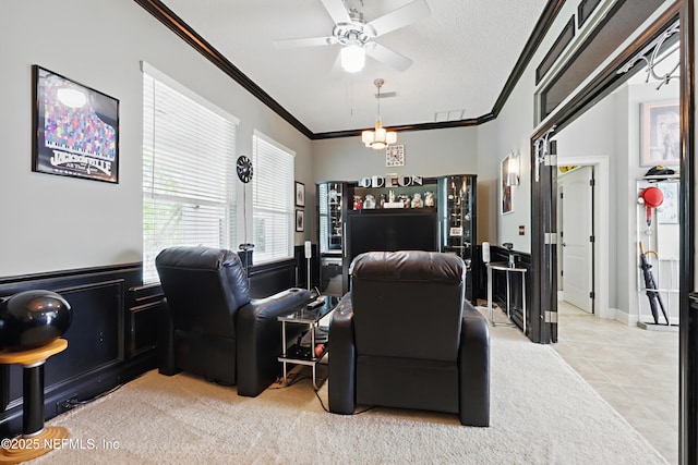 1304 Hideaway Dr S, Saint Johns, FL 32259 - tiled living area with ornamental molding, a ceiling fan, a desk, and carpet flooring