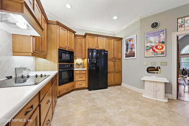 1304 Hideaway Dr S, Saint Johns, FL 32259 - kitchen featuring black appliances, premium range hood, brown cabinets, backsplash, and ornamental molding