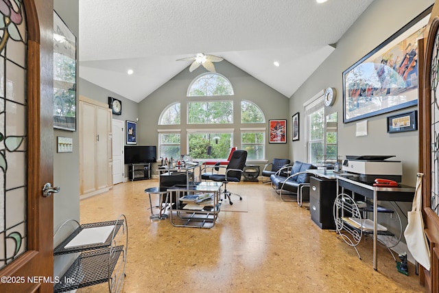 1304 Hideaway Dr S, Saint Johns, FL 32259 - office area featuring ceiling fan, high vaulted ceiling, recessed lighting, and a textured ceiling
