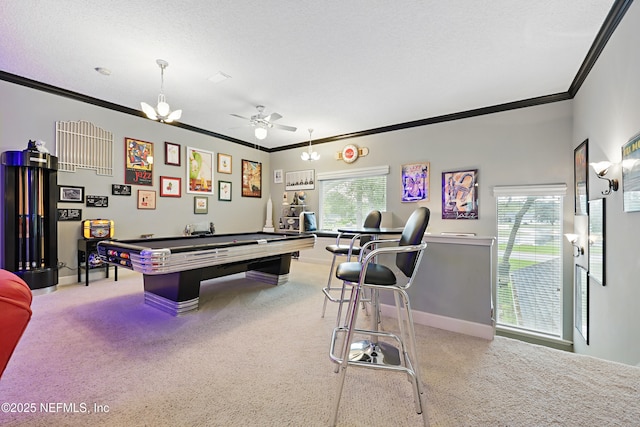 1304 Hideaway Dr S, Saint Johns, FL 32259 - playroom with crown molding, carpet flooring, billiards, and ceiling fan