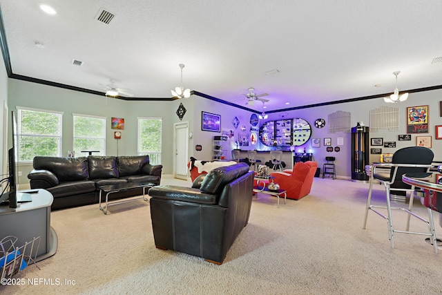 1304 Hideaway Dr S, Saint Johns, FL 32259 - carpeted living area featuring a ceiling fan and ornamental molding