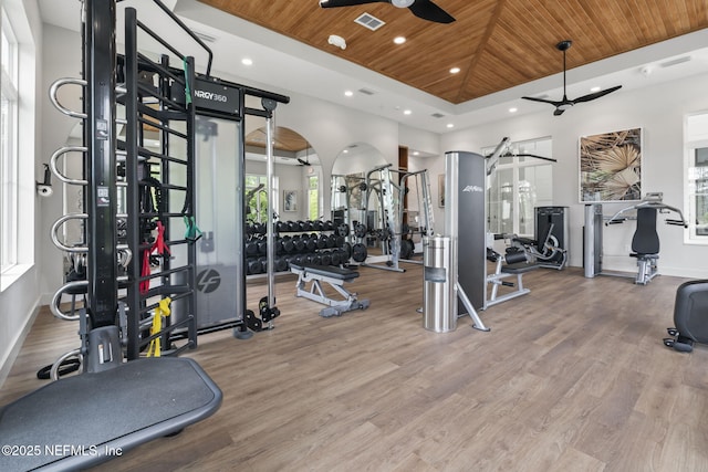 201 Bridgeton St, Saint Johns, FL 32259 - exercise room featuring ceiling fan, wood ceiling, a raised ceiling, and wood finished floors
