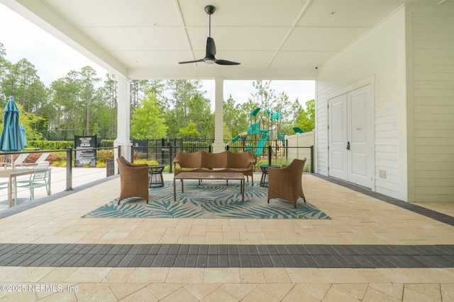 201 Bridgeton St, Saint Johns, FL 32259 - view of patio featuring an outdoor living space, ceiling fan, a playground, and fence