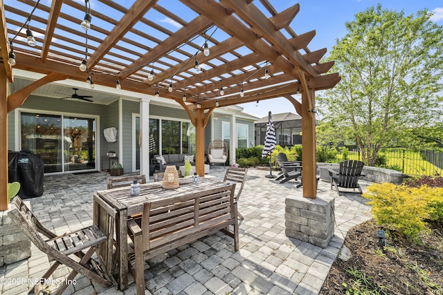 view of patio / terrace with fence, an outdoor hangout area, a pergola, and a ceiling fan