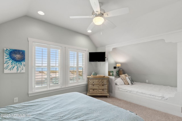 carpeted bedroom featuring recessed lighting, a ceiling fan, and vaulted ceiling