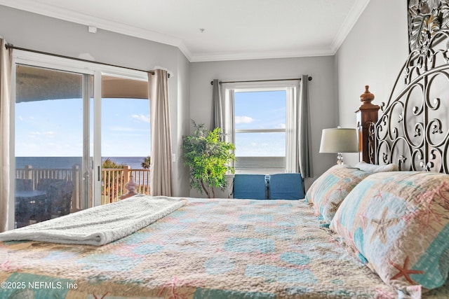 bedroom with access to outside and crown molding