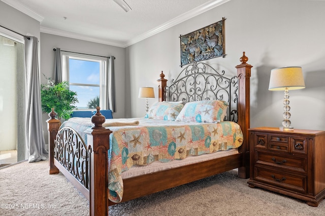 carpeted bedroom with ornamental molding