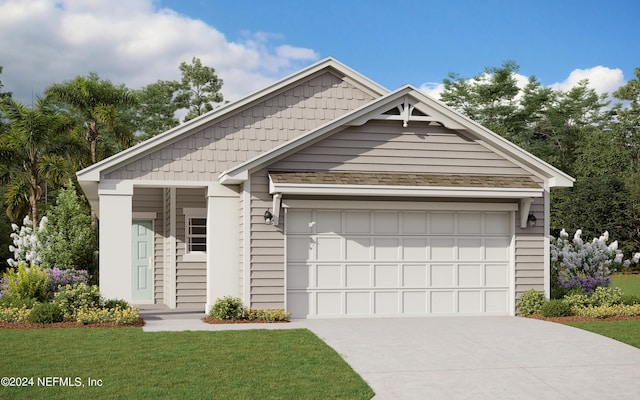 view of front facade featuring concrete driveway, a garage, and a front lawn
