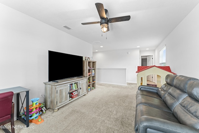 513 Sandstone Dr, Saint Augustine, FL 32086 - living room featuring carpet, a ceiling fan, baseboards, recessed lighting, and visible vents