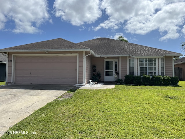 ranch-style house with a garage, a front lawn, driveway, and a shingled roof