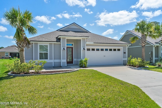 79 Dovetail Cir, Saint Augustine, FL 32095 - ranch-style home with concrete driveway, an attached garage, a shingled roof, and a front yard