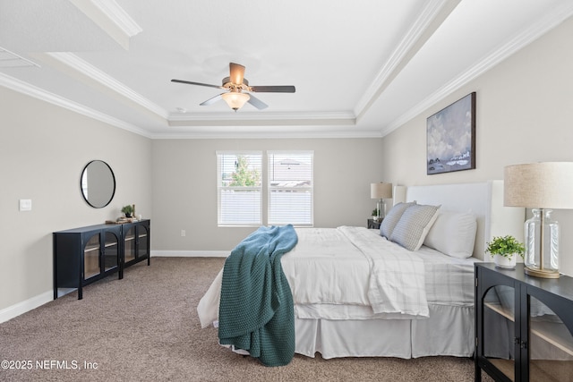 79 Dovetail Cir, Saint Augustine, FL 32095 - carpeted bedroom featuring crown molding, a raised ceiling, baseboards, and a ceiling fan