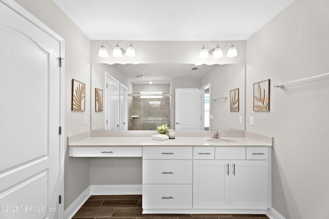 79 Dovetail Cir, Saint Augustine, FL 32095 - full bath featuring vanity, baseboards, a shower stall, and wood finish floors