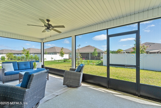 79 Dovetail Cir, Saint Augustine, FL 32095 - sunroom with a residential view, a ceiling fan, and an outdoor hangout area