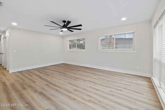 10856 Hawaii Dr S, Jacksonville, FL 32246 - empty room featuring light wood-style floors, recessed lighting, a ceiling fan, baseboards, and visible vents