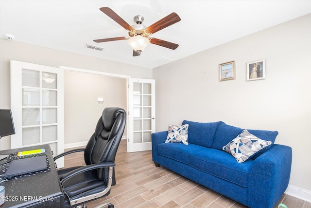 53 Dovetail Cir, Saint Augustine, FL 32095 - office space featuring visible vents, baseboards, ceiling fan, and wood finished floors
