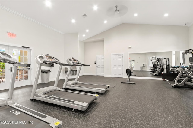 53 Dovetail Cir, Saint Augustine, FL 32095 - workout area featuring high vaulted ceiling, recessed lighting, baseboards, visible vents, and ornamental molding