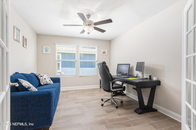 53 Dovetail Cir, Saint Augustine, FL 32095 - office area featuring baseboards, ceiling fan, and light wood-style floors