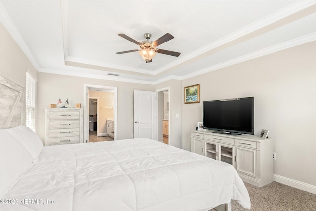 53 Dovetail Cir, Saint Augustine, FL 32095 - bedroom with ornamental molding, a tray ceiling, ceiling fan, and visible vents