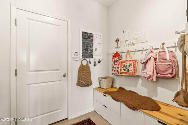mudroom featuring baseboards and light wood-style flooring
