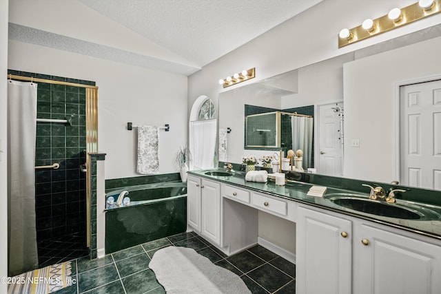 1105 Pine Mill Ln, Ponte Vedra Beach, FL 32082 - full bath featuring a tile shower, lofted ceiling, a bath, a textured ceiling, and double vanity