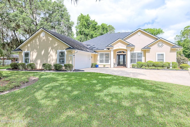 ranch-style house with a garage, a front lawn, stucco siding, french doors, and concrete driveway