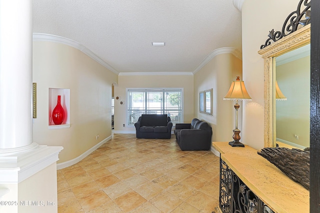 interior space with stone finish flooring, a textured ceiling, crown molding, arched walkways, and baseboards