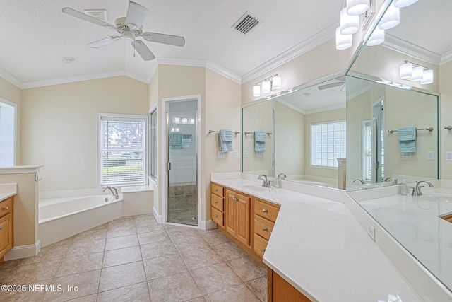 full bathroom with ceiling fan, visible vents, two vanities, and plenty of natural light