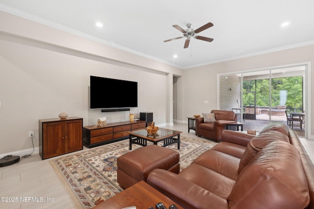 149 San Telmo Ct, Saint Augustine, FL 32095 - living room with ceiling fan, crown molding, baseboards, and recessed lighting
